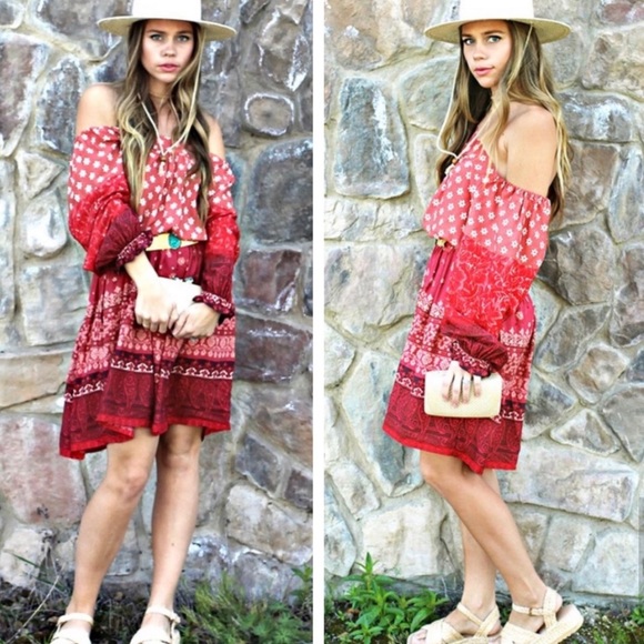 New! Clearance 🔥 Desert Red Boho Off theShoulders Ruffle Dress - Picture 4 of 15